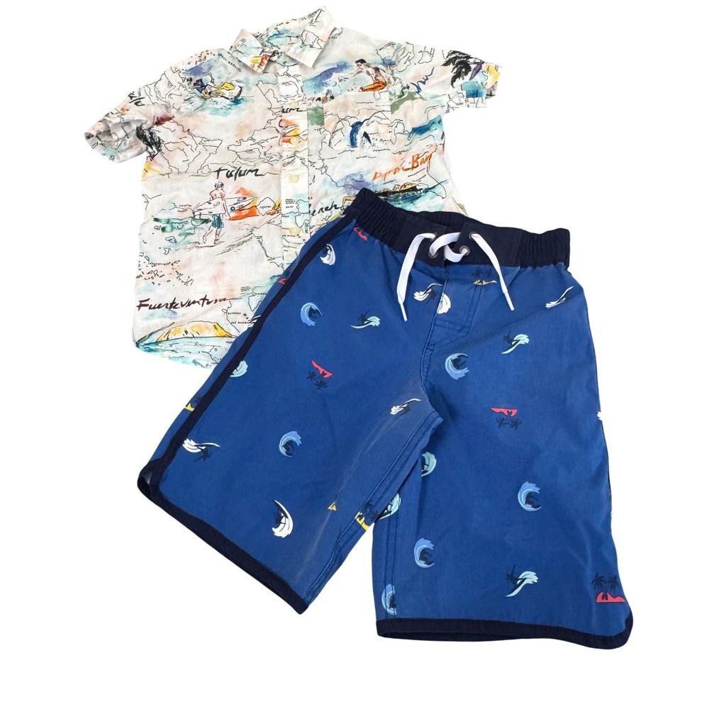 Gap Hanna Andersson Bundle Set Swim 6-7 Map Surfer Shirt Board Shorts Blue Multi